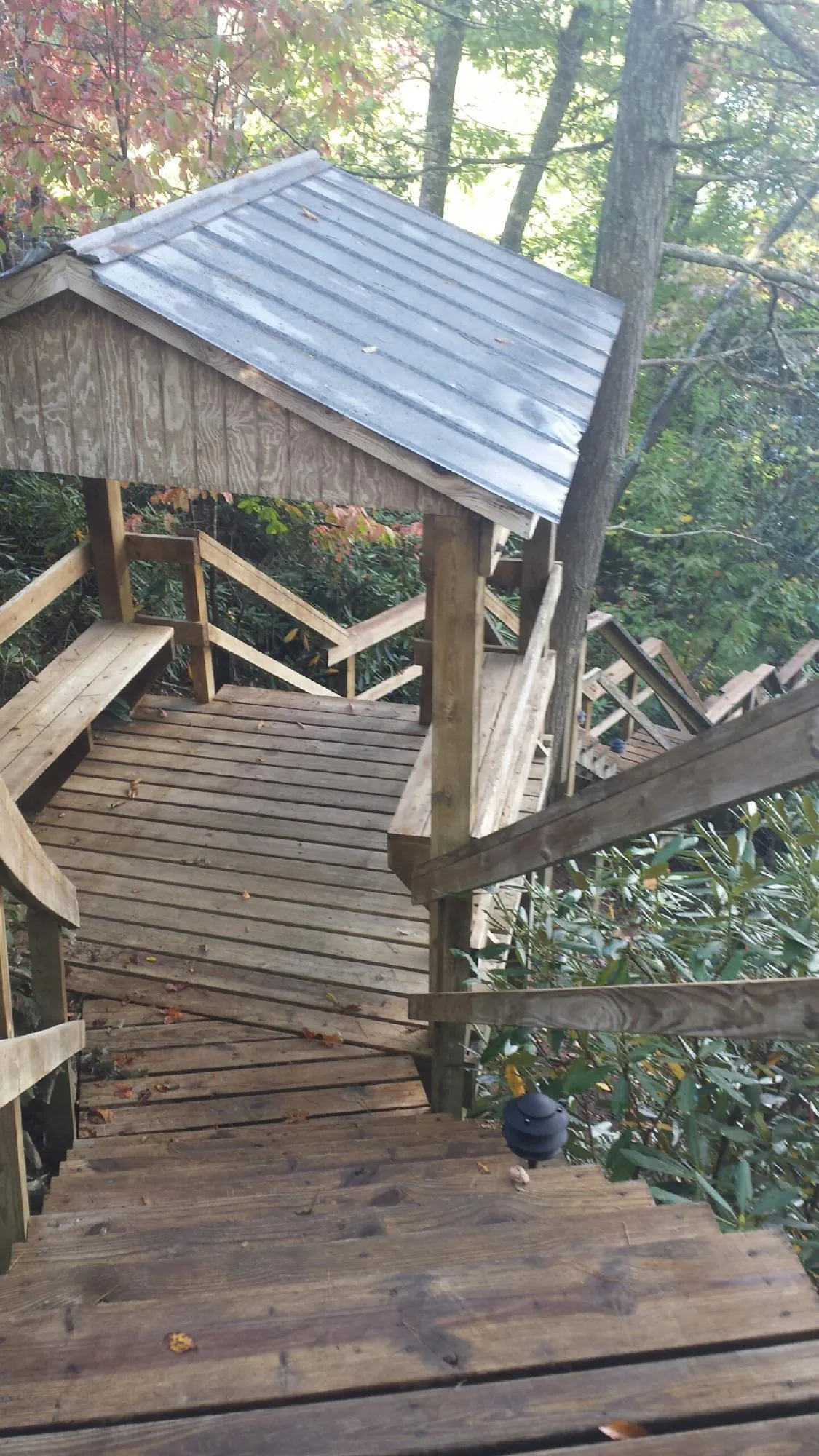 Metal roofed shelter over wooden steps on a wooded walkway — Skylight Repair & Installation work by our crew in Branchport